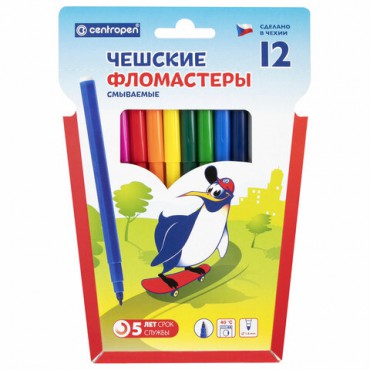 Фломастеры 12 ЦВЕТОВ CENTROPEN "Пингвины", смываемые, вентилируемый колпачок, 7790/12ET, 7 7790 1286