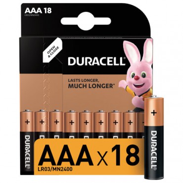 Батарейки КОМПЛЕКТ 18 шт., DURACELL Basic ОРИГИНАЛ, AAA (LR03, 24А), алкалиновые, мизинчиковые, 81483686