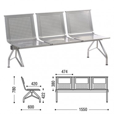 Кресло для посетителей трехсекционное "Стилл", 780х1550х600 мм, серебристое, СМ86/2-03