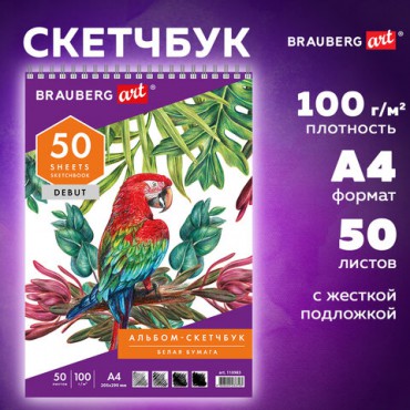 Скетчбук, белая бумага 100 г/м2, 205х290 мм, 50 л., гребень, жёсткая подложка, BRAUBERG ART DEBUT, 110983